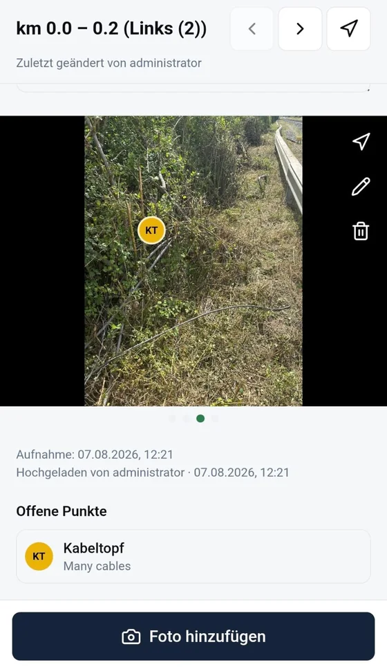 DokuPix auf dem Handy: Abschnitt km 0,0–0,2 der linken Gleisseite mit Streckenfoto, gesetztem Marker &bdquo;Kabeltopf&ldquo; und Aufnahmezeitpunkt.